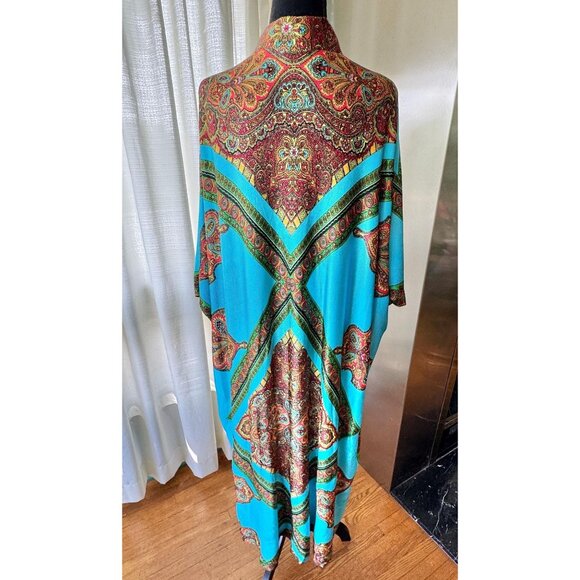 Vintage 70s muumuu, peacock blue, orange green abstract print, front zipper - Picture 6 of 10